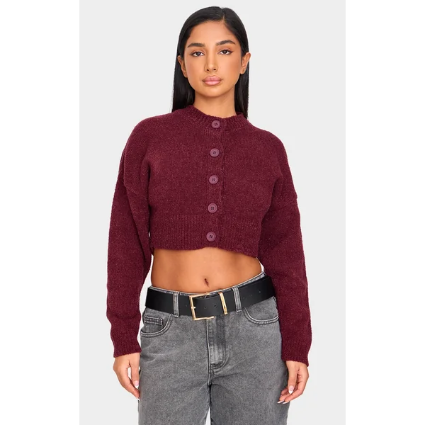 Petite Burgundy Knitted Button Up Cardigan