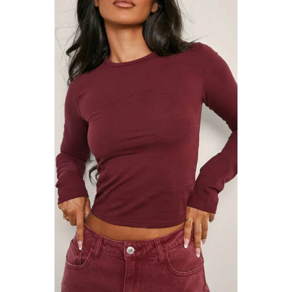 Petite Burgundy Premium Cotton Long Sleeve Fitted T-shirt