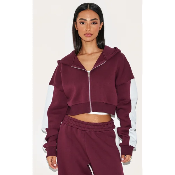 Petite Burgundy Stripe Detail Zip Up Hoodie