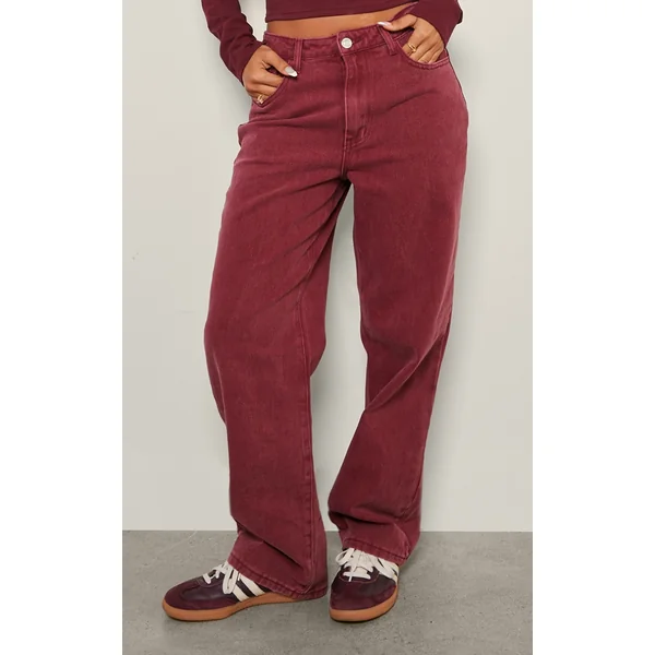 Petite Burgundy Washed High Waist Straight Leg Jeans