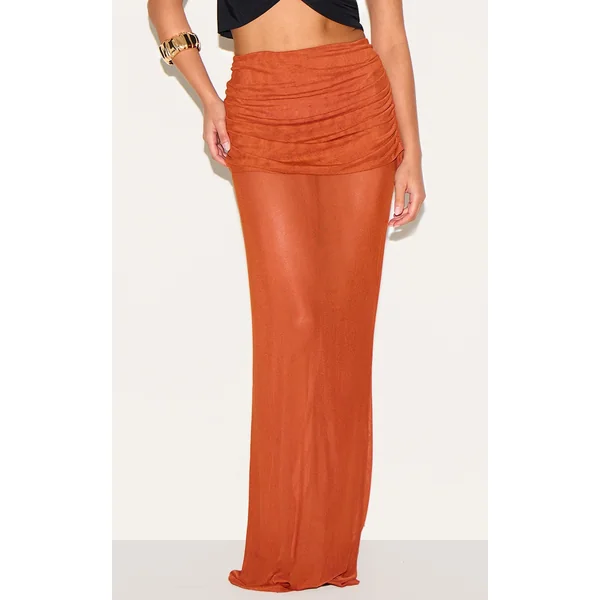 Petite Burnt Orange Mesh Overlay Low Rise Maxi Skirt