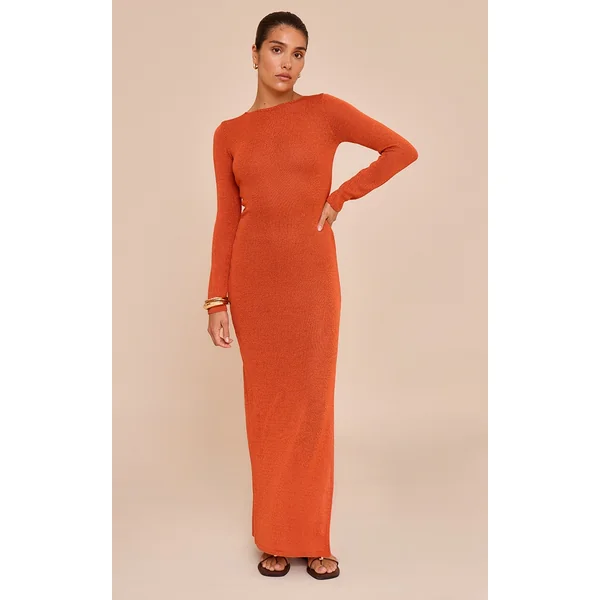 Petite Burnt Orange Open Tie Back Long Sleeve Knitted Maxi Dress