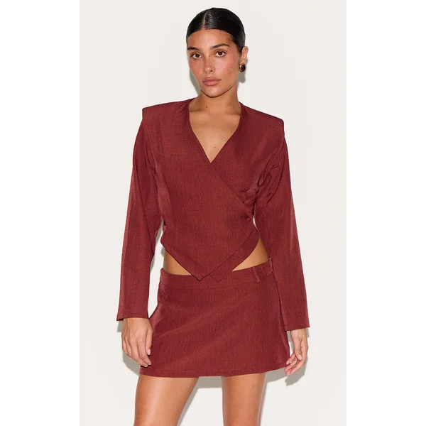 Petite Burnt Orange Woven Long Sleeve Asymmetric Button Top