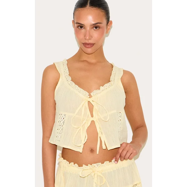 Petite Butter Cream Crinkle Broderie Tie Front Top