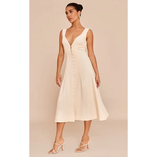 Petite Butter Cream Plunge Button Up Midi Dress