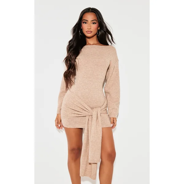 Petite Camel Knit Slouchy Mini Dress With Tie Wrap Around