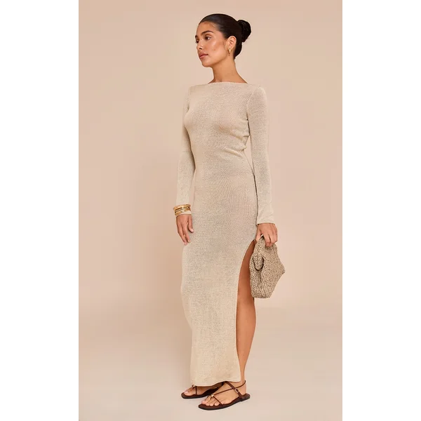 Petite Champagne Open Tie Back Long Sleeve Knitted Maxi Dress