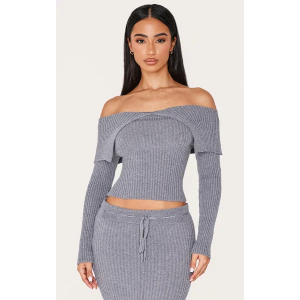 Petite Charcoal Fold Over Detail Knit Top