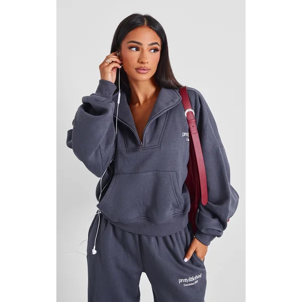 Petite Charcoal Graphic Oversized Half Zip Sweat
