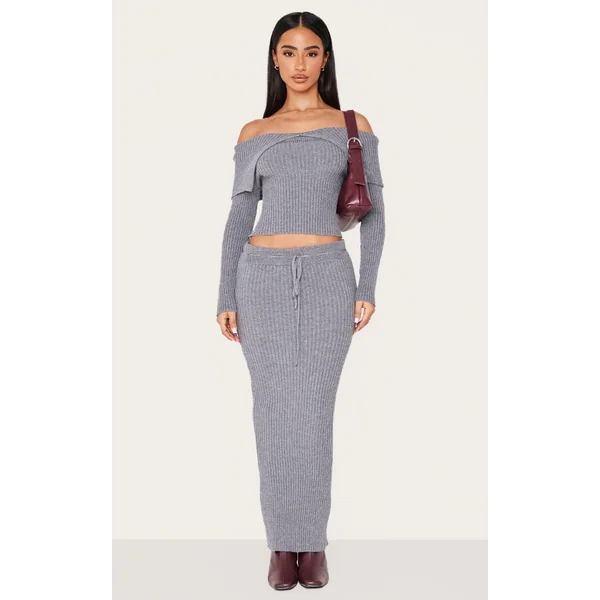 Petite Charcoal Knitted Maxi Skirt With Tie Details