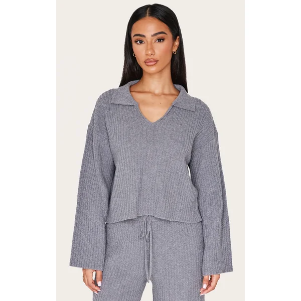 Petite Charcoal Knitted Open Collar Sweater