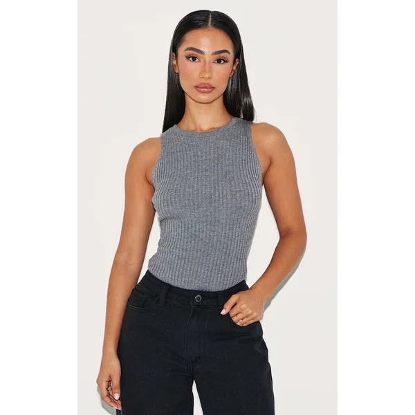 Petite Charcoal Knitted Tie Back Bodysuit