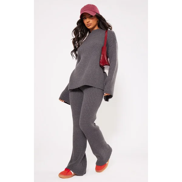 Petite Charcoal Rib Knit Wide Leg Pants