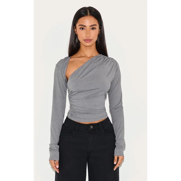 Petite Charcoal Slinky Long Sleeve Ruched Side Top