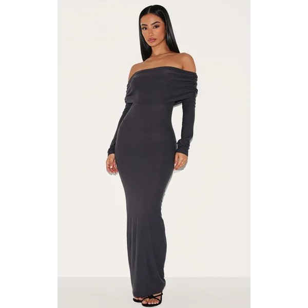 Petite Charcoal Soft Touch Bardot Long Sleeve Maxi Dress