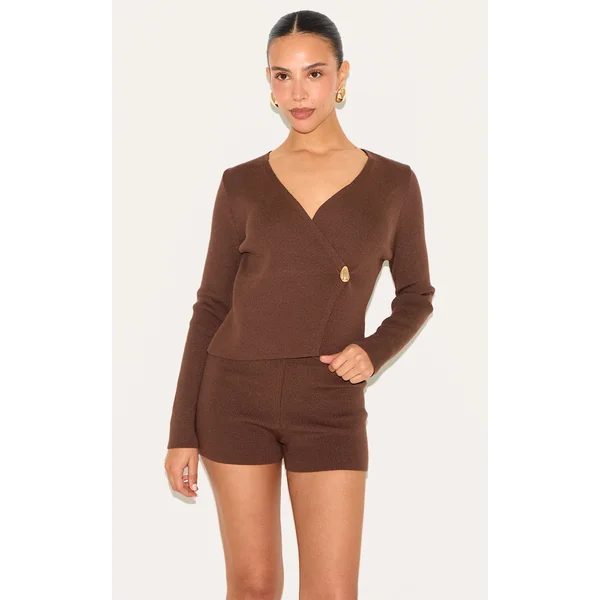 Petite Chocolate Asymmetric Compact Knit Cardigan