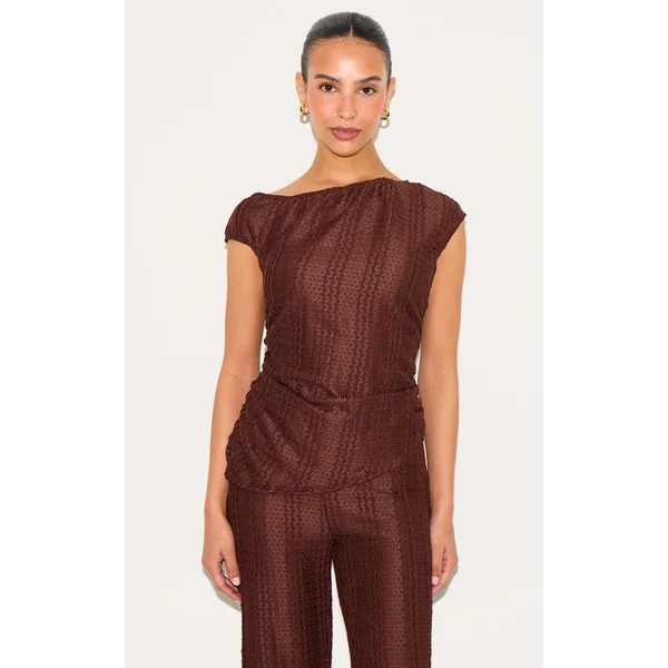 Petite Chocolate Asymmetric Textured Off Shoulder Top