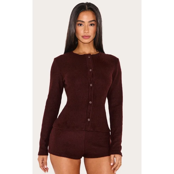 Petite Chocolate Brushed Rib Button Through Top