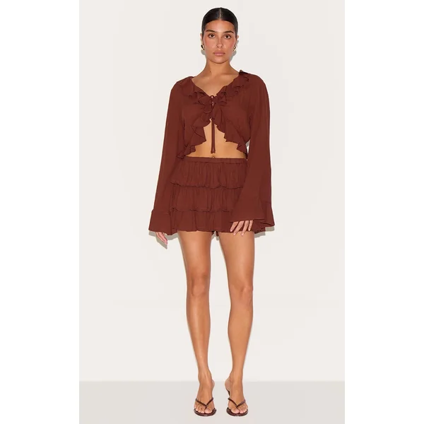 Petite Chocolate Cheesecloth Ruffle Mini Skort