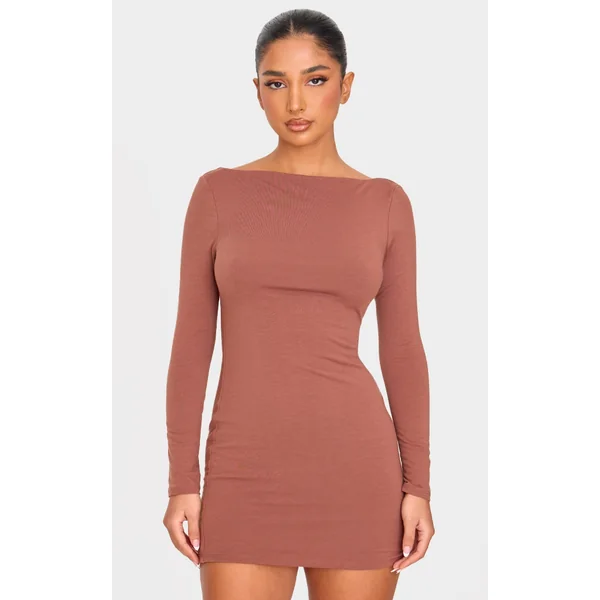 Petite Chocolate Contour Jersey Boat Neck Long Sleeve Dress