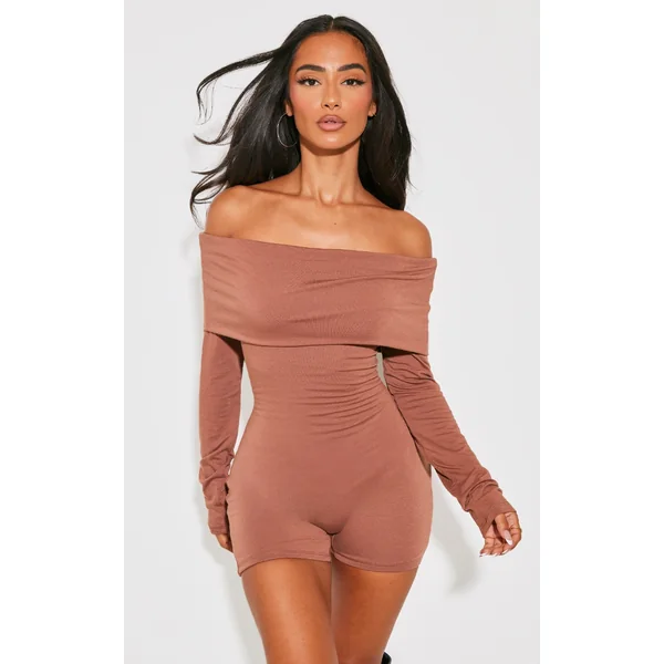 Petite Chocolate Contour Jersey Foldover Bardot Romper