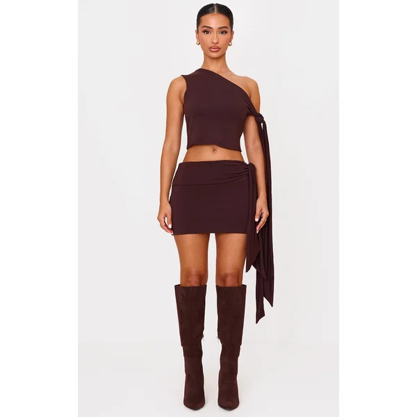 Petite Chocolate Contour Jersey Tie Detail Foldover Mini Skirt