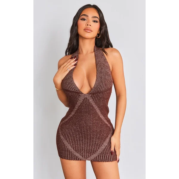 Petite Chocolate Contrast Knitted Halterneck Mini Dress