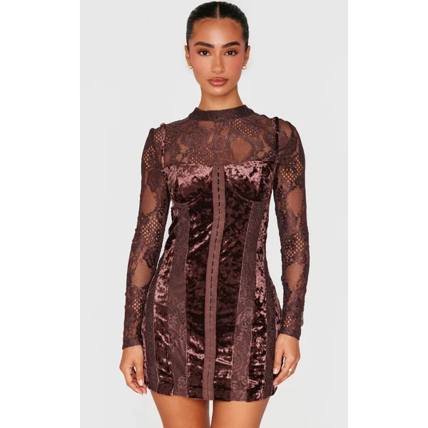 Petite Chocolate Crushed Velvet Long Sleeve Lace Detail Mini Dress