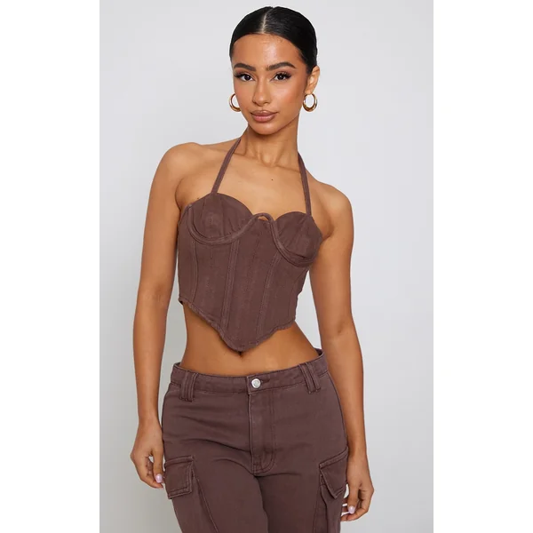 Petite Chocolate Denim Seam Detail Corset