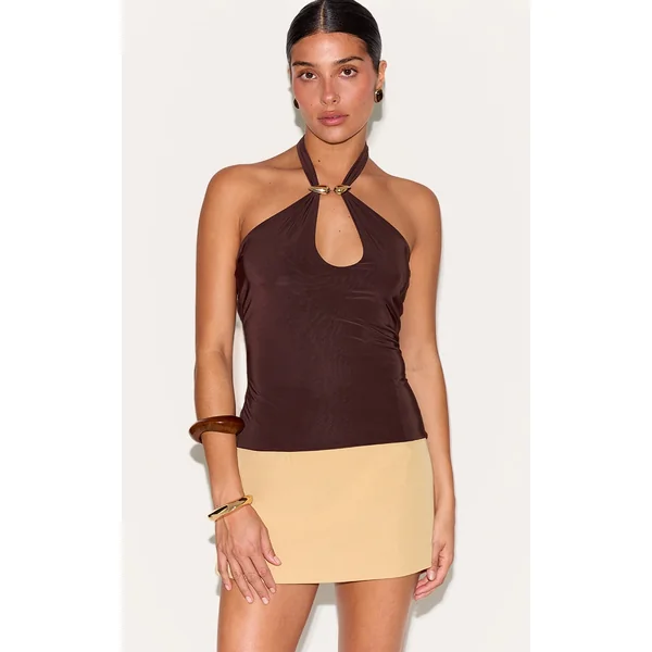 Petite Chocolate Double Layer Halterneck Trim Detail Top