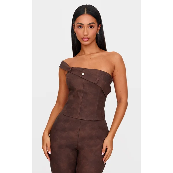 Petite Chocolate Faux Leather Foldover Detail Strap Top