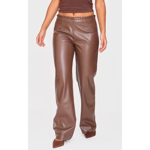 Petite Chocolate Faux Leather Lace Up Straight Leg Pants