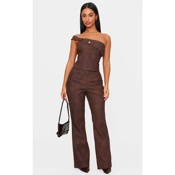 Petite Chocolate Faux Leather Zip Front Flared Pants