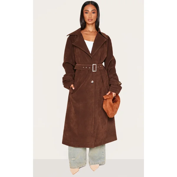 Petite Chocolate Faux Suede Belted Trench Coat