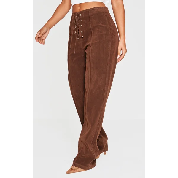 Petite Chocolate Faux Suede Lace Up Wide Leg Pants