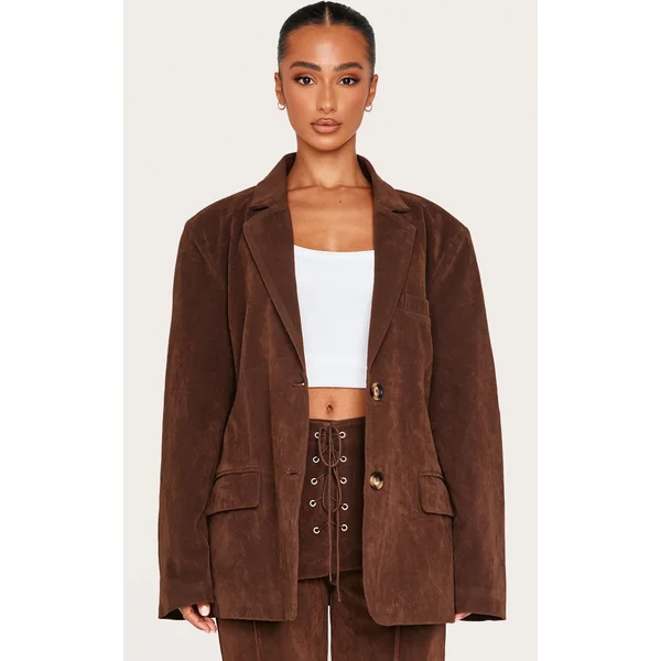 Petite Chocolate Faux Suede Longline Blazer