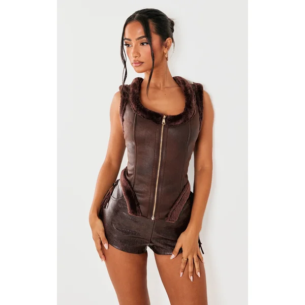Petite Chocolate Faux Suede Sleeveless Dipped Hem Vest