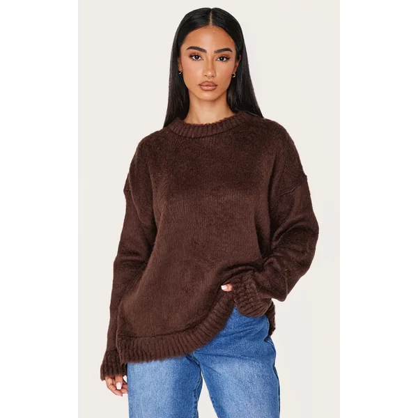 Petite Chocolate Fluffy Knit Oversized Sweater