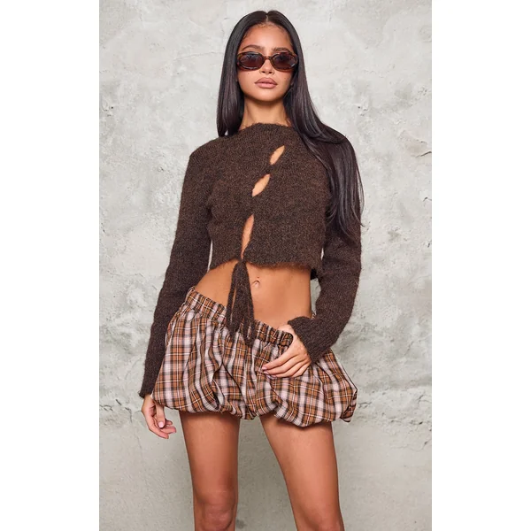 Petite Chocolate Fluffy Knitted Cut Out Detail Sweater