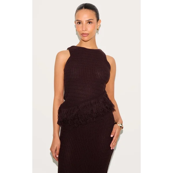 Petite Chocolate Fringe Edge Sleeveless Knit Top