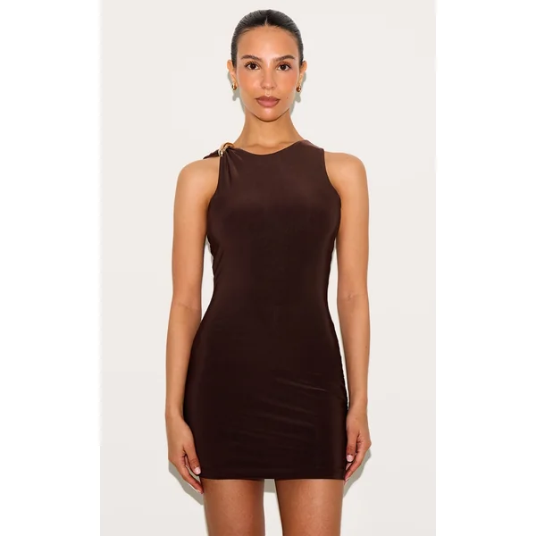 Petite Chocolate Gold Strap Detail Slinky Mini Dress