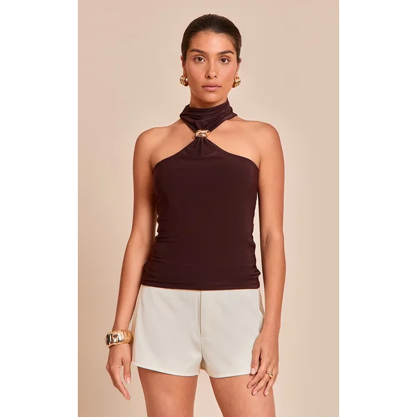 Petite Chocolate Halterneck Trim Detail Long Top