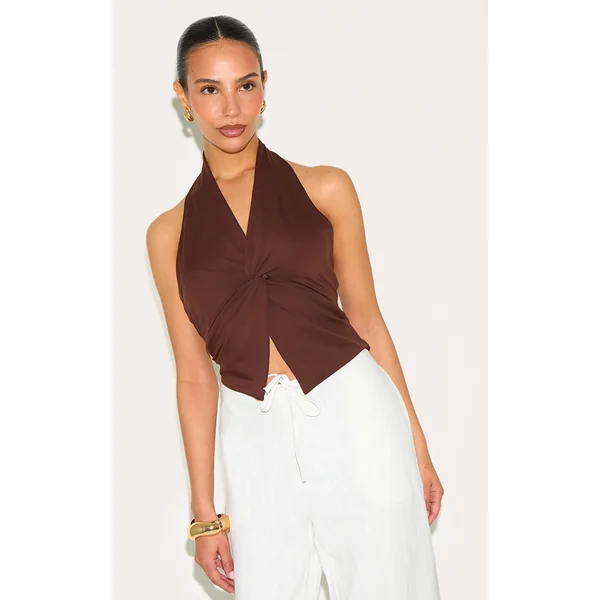 Petite Chocolate Halterneck Twist Detail Top