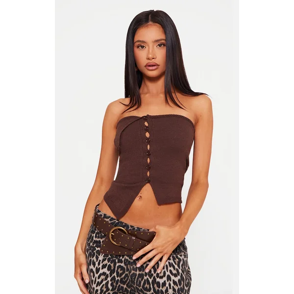 Petite Chocolate Knitted Bandeau Button Down Top