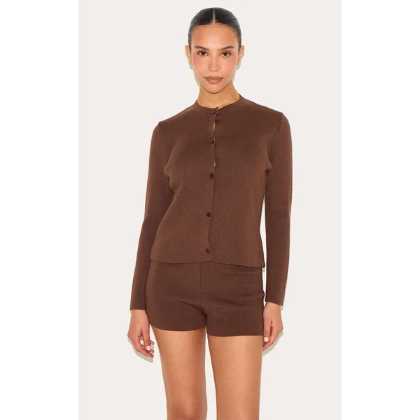 Petite Chocolate Knitted Button Up Cardigan