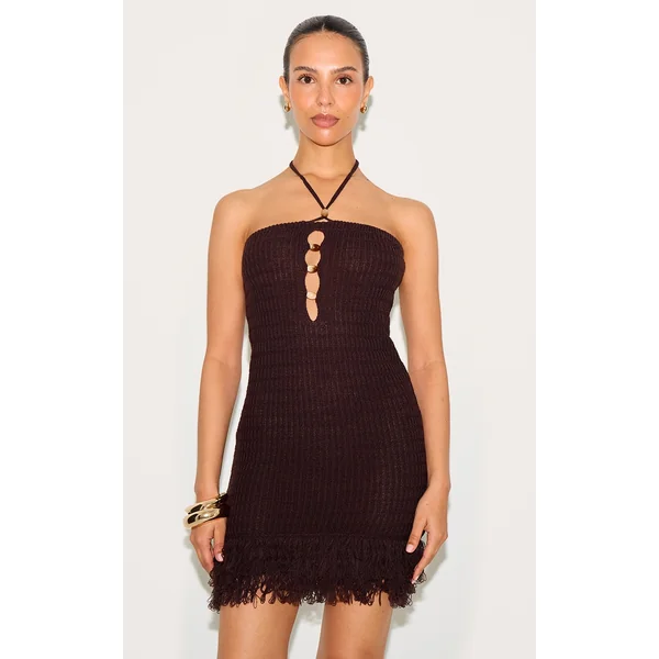 Petite Chocolate Knitted Halterneck Bead Detail Fringe Mini Dress