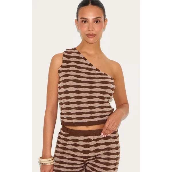 Petite Chocolate Knitted One Shoulder Striped Long Fitted Top