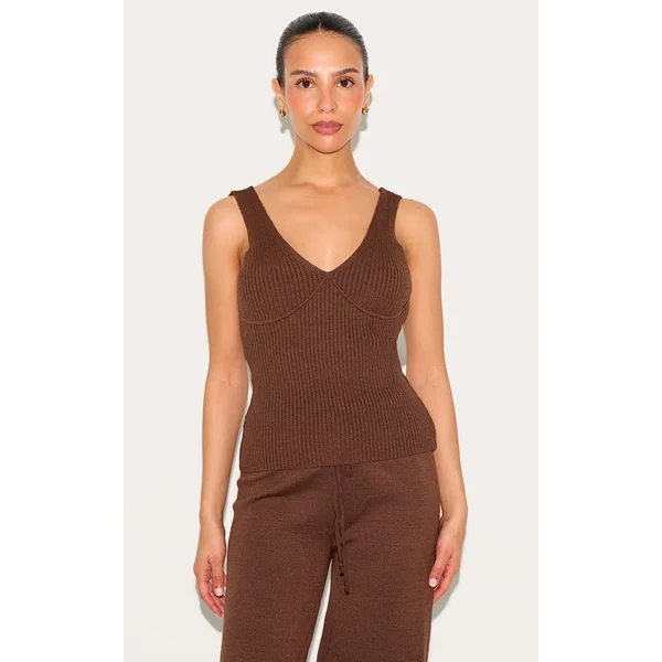 Petite Chocolate Knitted Ribbed Longline Tank Top