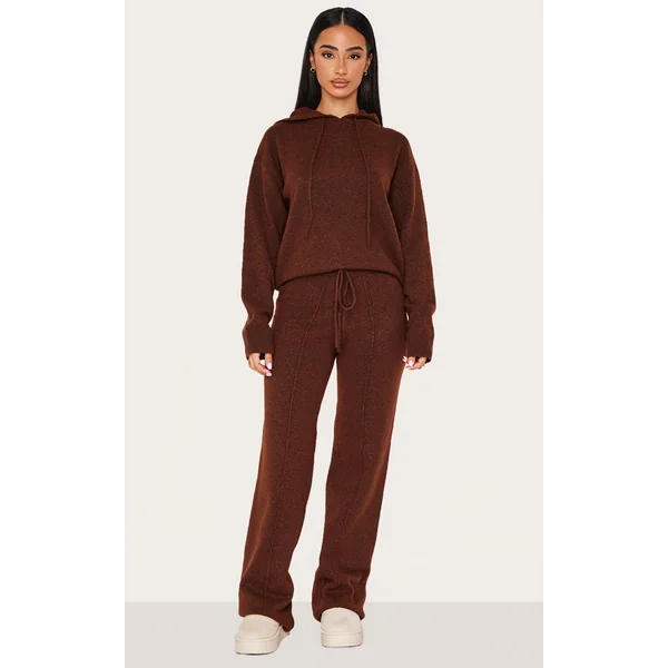 Petite Chocolate Knitted Seam Detail Wide Leg Pants