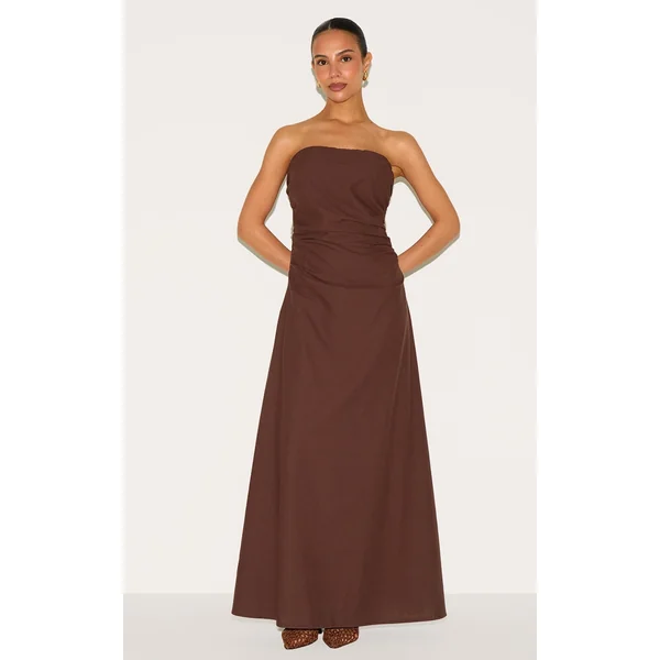 Petite Chocolate Linen Look Bandeau Maxi Dress